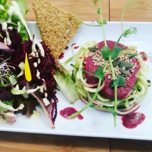Zucchini Noodles with root beet souce at Bionectar in Girona