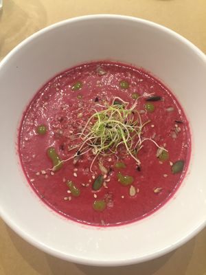 Sopa fria del dia. Esta era de remolacha, aguacate, albahaca.... brutal  at Bionectar in Girona