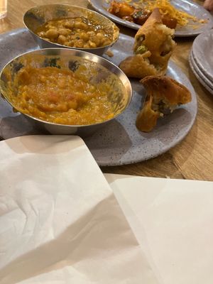 Samosas, chickpea stew and lentils stew.  at CHATWALA in Leicester