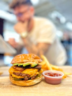 Mike and The Caballero (spicy avo bacon cheeseburger w chipotle aioli) at Mission Burger Co in Austin
