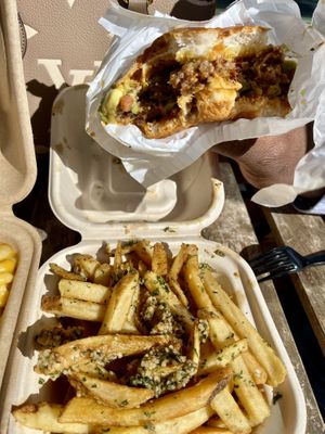 Fiesta spicy burger and garlic friess  at Mission Burger Co in Austin