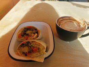 Vegan burrito and coconut cappuccino at PUEBLO in Basingstoke