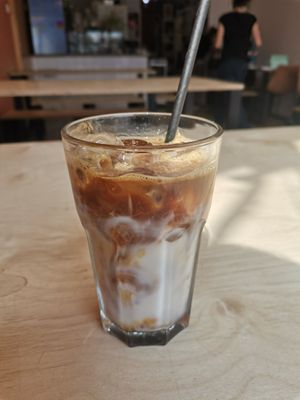 Iced coffee with almond milk at PUEBLO in Basingstoke