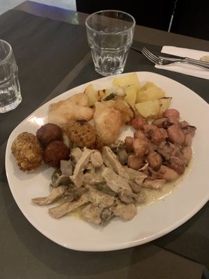 Gnocchetti alla rapa rosso, polpette di soia, crocchette di riso, patate al forno, straccetti di soia e funghi con latte di cocco, verdure in pastella   at Ops Cucina Mediterranea in Rome