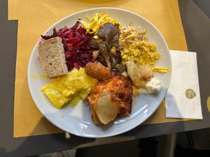 Lasagne, ravioli,rapa rossa, sedano rapa, carciofi, tempura , crocchette e funghi pletorius  at Ops Cucina Mediterranea in Rome