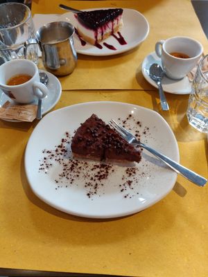 "Cheese" cake, Chocolate cake, and coffee at Ops Cucina Mediterranea in Rome
