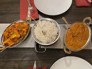 Aloo gobi and an aubergine curry with basmati rice  at Diwali Palace in Bussum