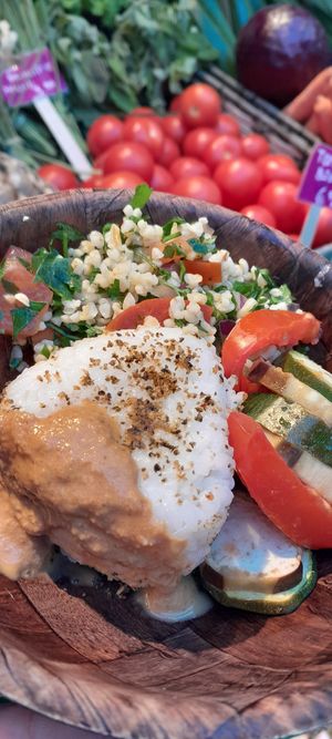 Onigiri filled with Eggplant + Tabbouleh salad + Ratatouille at Verde Vida - Rua Formosa in Porto
