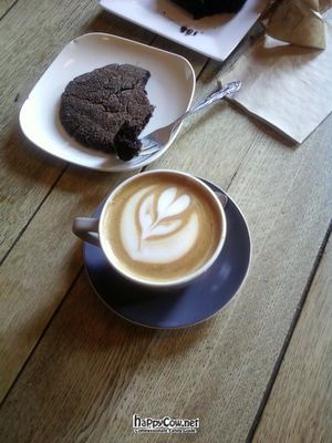 yummy almond milk latte and mexican chocolate cookie at Bean Scene Coffee Works in Kelowna
