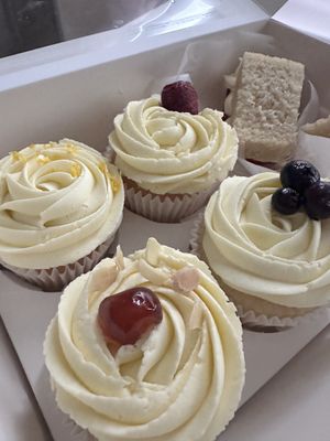 Afternoon tea box with filled cupcakes; Lemon Curd, Raspberry Jam, Cherry Bakewell, Blueberry Jam and Victoria Sponge Slices. All the jam is made fresh!  at The Avant Garden Bakery in Newcastle Upon Tyne