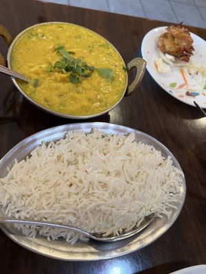 dal tadka & onion fritter app in background   at Namaste Indian Bistro in Warminster