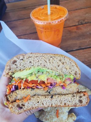 Tempeh burger veganized! at Sprouts Natural Foods Cafe in South Lake Tahoe