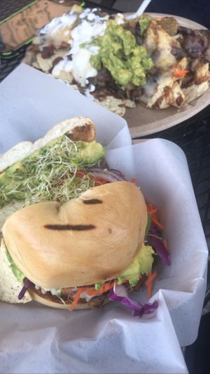 Vegan tempeh burger and vegetarian nachos at Sprouts Natural Foods Cafe in South Lake Tahoe