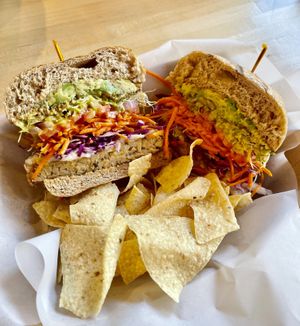 One of the best tempeh burgers! Add vegan cheese 👍🏻  at Sprouts Natural Foods Cafe in South Lake Tahoe