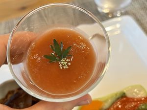 Cauliflower mousse with rhubarb sauce, celery leaf and flower.   at Pas a Pas in Miyota