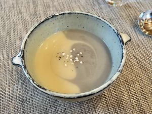 Purple and white cold pottage made with two kinds of onions.   at Pas a Pas in Miyota