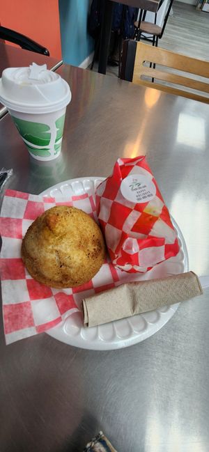 King Oyster Mushroom Coxinha - nice and dense with flavor next to latin chicken pesto sandwich #Veganuary at Fresh Life Cafe in Woodbridge