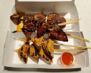 Skewers from top to bottom: portobello, shiitake, tofu at Boda in Portland