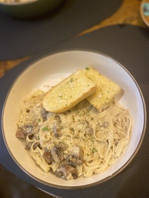 Creamy mushroom pasta with garlic bread  at Greenstone Lodge  in Bridge Of Orchy