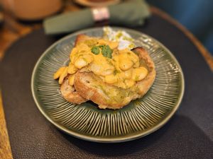 Harissa butterbeans on toast with whipped 'feta' at Greenstone Lodge  in Bridge Of Orchy