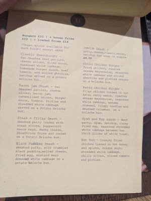 Burger menu at Disorder  in Manchester