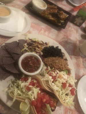 Tofu and tempeh tacos, habenero tempeh (wings) in the back  at Freshies Restaurant and Bar in South Lake Tahoe