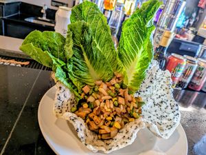 Mixed veg, edamame, and marinaded tofu served in a fried sesame rice wrapper bowl at Fuse Box in Lorton