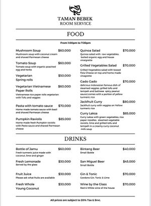 Food Menu  at Taman Bebek Bali in Gianyar