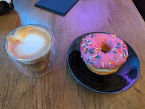 Oat latte at Doogles Donuts in Liverpool