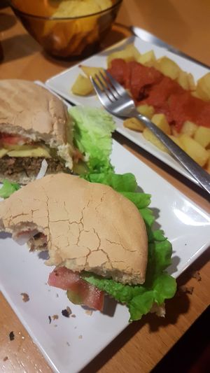 Hamburguesa de soja y bravas at Puzzle Bar in Gijon