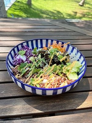 Miso sesame marinated Tofu poke bowl with red rice at Lagoonies in Kalpitiya