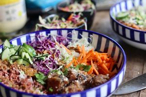 Jackfruit or marinated Tofu salad bowl with red rice at Lagoonies in Kalpitiya