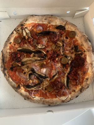 Vegan Ozzy 2.0 with vegan Nduja, vegan chorizo, vegan sausage, mushrooms, red onions     at Pizzaface in Brighton