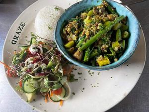 Our vegan casserole, oozing goodness and flavour  at Graze By The River in Port Alfred