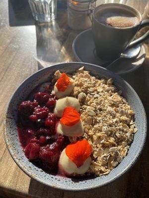 Overnight oats with granola, berry compote, vanilla custard  at Mrs Jones Cafe in Denmark