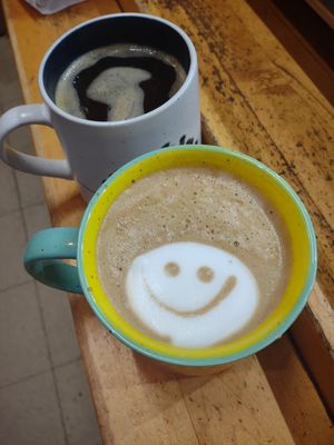 Oat milk latte with a smile at Three Mountain Cafe in Waitsfield