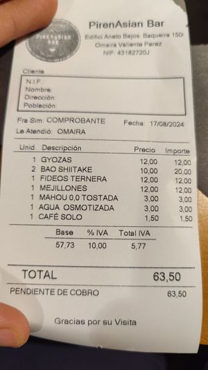 Cuenta incluyendo acompañante para que veáis precios at Pirenasian Bar by Mai & Caro in Lleida