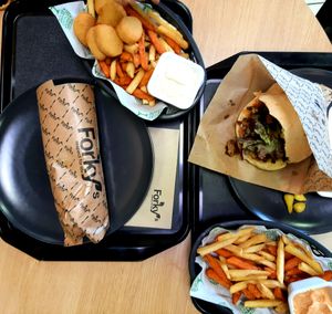 Kebab wrap, Forky's Nuggets, Lentil rolls, and burger at Forky's - NC Královo Pole in Brno