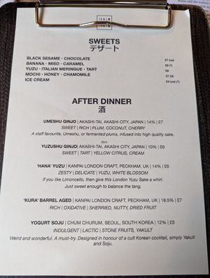 Dessert menu at Izakaya Restaurant & Lounge Bar in York