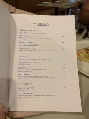 Vegan menu  at Liliana's Trattoria in Maroochydore