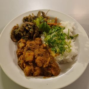 Thai curry along side aromatic basmati rice and sautéed mushroom mixture at De Otter in Leiden