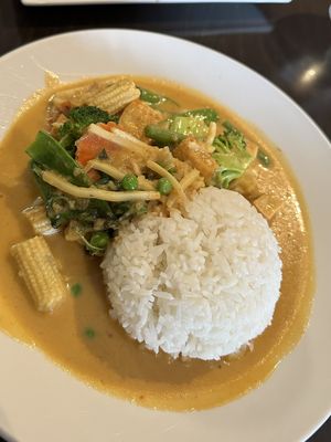 Red curry with tofu (ask for it to be made vegan)  at Thai Coconut in Burlington