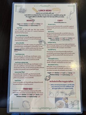Lunch menu. Pad Thai, red curry, green curry can be made vegan with vegan soup  at Thai Coconut in Burlington