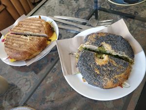 "Mozarella" and "Shwarma" bagel at Keystone Coffee in North London