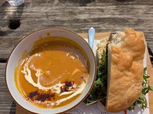 Butternut squash soup with an aubergine and hummus sandwich - Vegan at MISTÅL Kitchen in Otley
