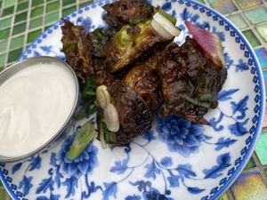 Bravas Brussels sprouts with cashew crema (in a side plate, the actual portion size was much bigger!)  at Bar Sofia in Halifax
