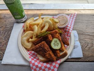 4 piece Tempeh with fries.  at Music City Hot Chicken - TRVE Brewing in Denver