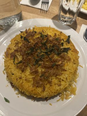 Biryani with vegan chicken  at Tula in Montreal