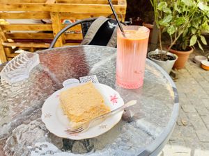 Iced latte and napoleon cake  at Stricha in Tbilisi