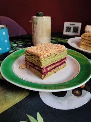 Matcha + strawberry Napoleon at Stricha in Tbilisi